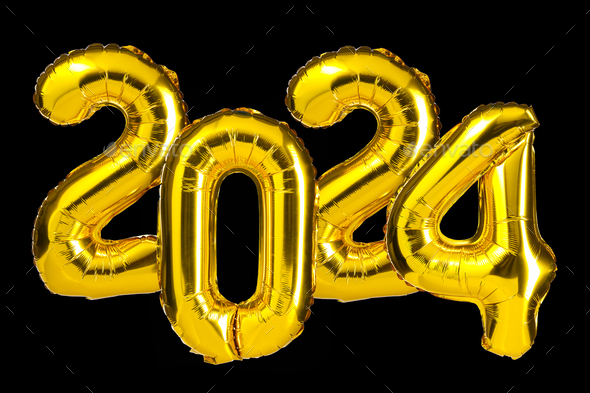 New Year 2024 celebration Golden Yellow foil color balloons. 2024 balloons  Isolated black background Stock Photo by VidEst