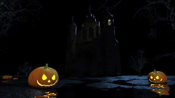 Atmospheric halloween background with pumpkins, church and graveyard with crosses.