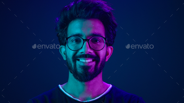 Portrait Indian man Muslim guy developer coding worker smile computer internet technology hacker