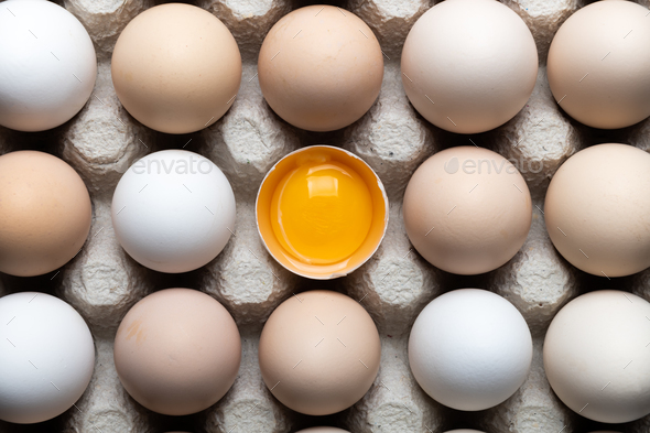 Chicken eggs in organic packaging closeup - Stock Photo - Images