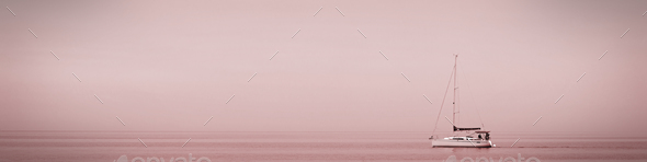 Banner 4x1 for websites, social networks and typography boat on quiet surface of sea at sunset