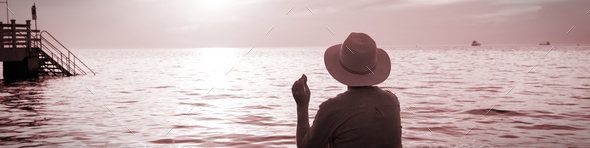 Banner 4x1 for websites, social networks and typography with beautiful girl in hat on seashore