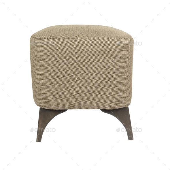 Padded Foot Stool Fabric Pouf with wooden legs isolated on white background