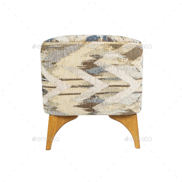 Padded Foot Stool Fabric Pouf with wooden legs isolated on white background