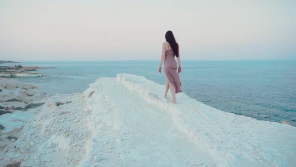 Woman Walks the Coastline on the Rocks alt