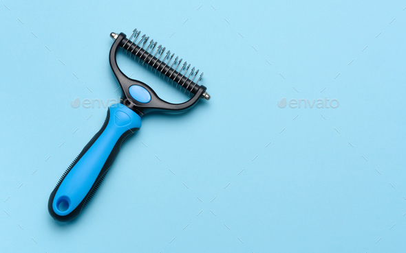 Brush for grooming cats and dogs on a blue background, top view