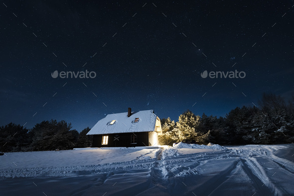 cozy winter cabin in the middle of forest at night under the sky full of stars