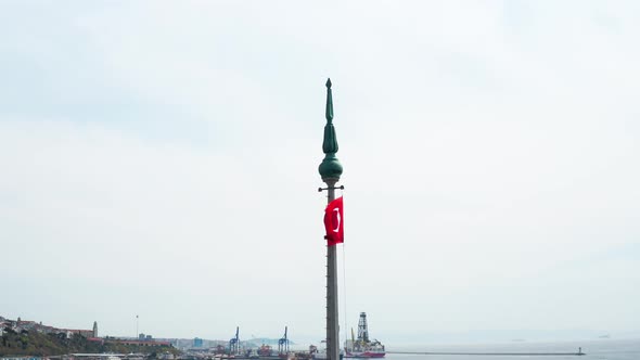 The Maiden's Tower And Turkish Flag Aerial View