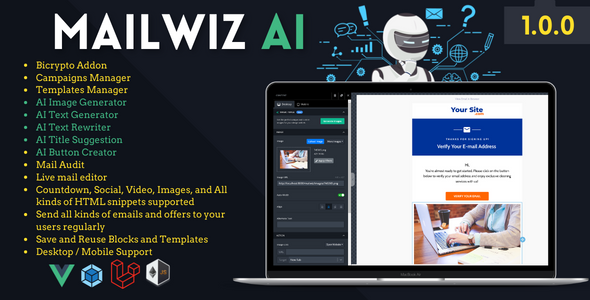 MailWiz Addon For Bicrypto - AI Image Generator, AI Content Generator, Drag&Drop Email Editor