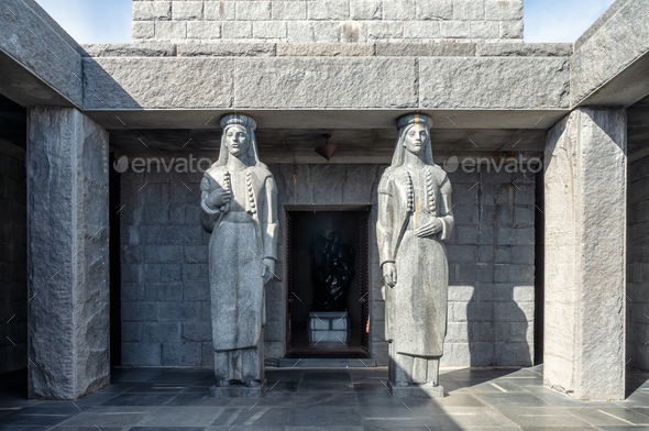 Marble statues in front of mausoleum of Negosh, Cetinje, Montenegro - Stock Photo - Images