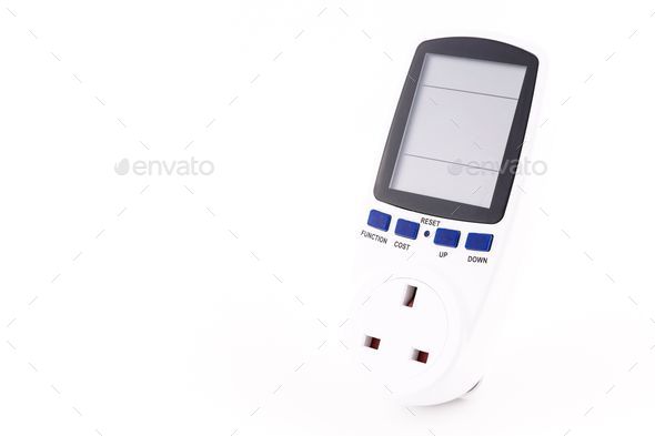 Closeup shot of a UK digital power meter plug isolated on a white background