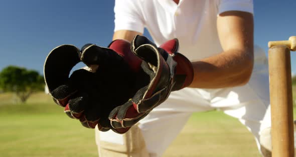 Wicket keeper collecting cricket ball behind stumps on cricket field alt