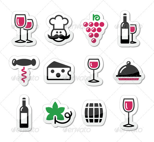 Wine icons set - glass, bottle, restaurant, food - Food Objects
