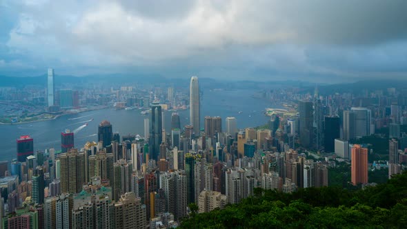Time lapse of aerial view of Hong Kong Downtown from Victoria Peak. alt