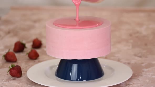 Pastry Chef Prepares Modern French Mousse Dessert with Mirror Glaze