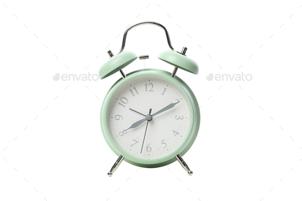 Concept of sleep and wake up with alarm clock, isolated on white background