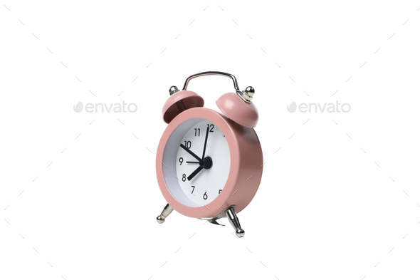 Concept of sleep and wake up with alarm clock, isolated on white background