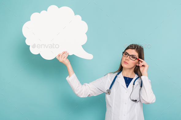 Female doctor with thinking speech bubble
