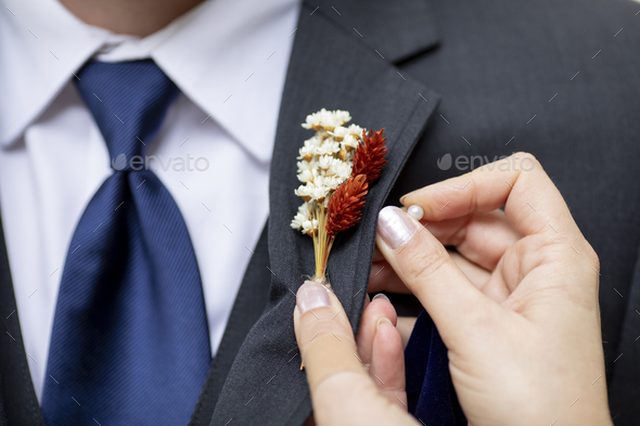 Detail shot of hands pinning on a boutonnniere on a grooms suit - Stock Photo - Images