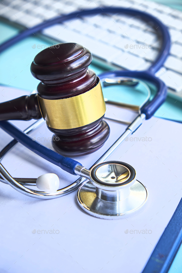 Gavel and stethoscope. medical jurisprudence. legal definition of medical malpractice. attorney