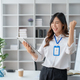 Happy asian businesswoman raising hands with victory smiling happily with digital tablet. - PhotoDune Item for Sale