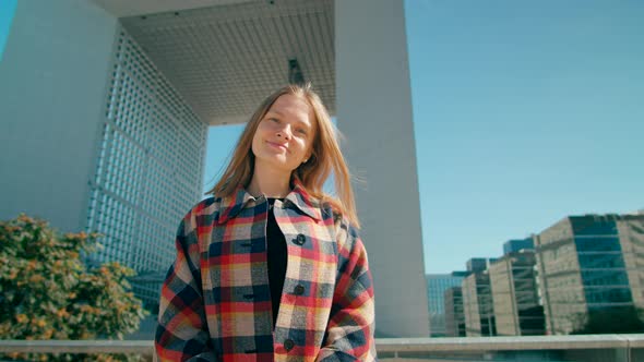 Portrait of Young European Business Woman in Defense in Paris Downtown France