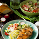Grilled salmon steak and vegetarian vegetable salad of radish, cucumbers, lettuce salad.   - PhotoDune Item for Sale