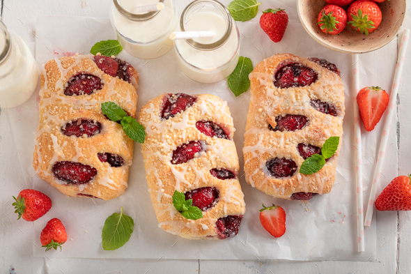 Homemade strawberry yeast cake made of berry fruits. - Stock Photo - Images