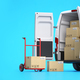 Fast espress delivery concept. Rear view of delivery van with cardboard boxes on blue background. - PhotoDune Item for Sale