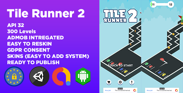 Tile Runner 2 (300 Levels + Unity Game Template + Admob Ads + GDPR Consent)