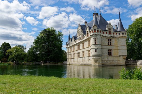 Scenic view of the Chateau d'Azay-le-Rideau in the town of Azay-le-Rideau, France - Stock Photo - Images