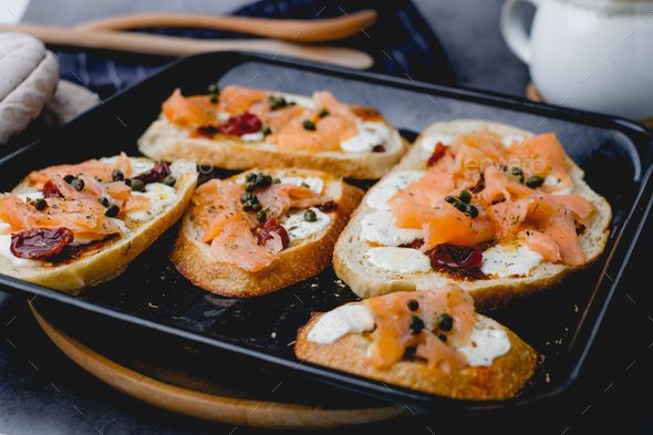 Smoke salmon toasted sourdough. healthy eating and appetizer food concept.