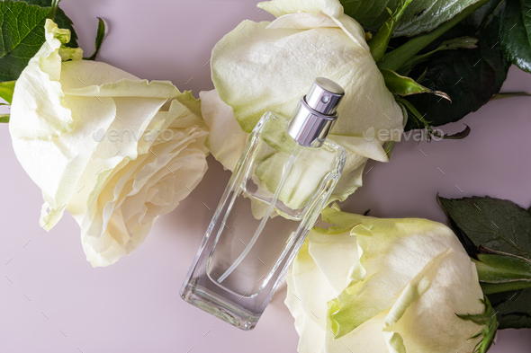 A chic bottle of cosmetic spray or perfume products lies on the white large heads of a white rose