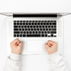 Laptop on a white background and female hands, top view. - PhotoDune Item for Sale