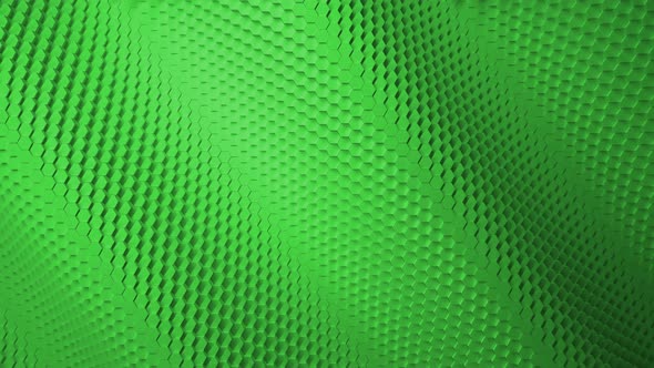 Wave motion mosaic surface with moving green hexagons.
