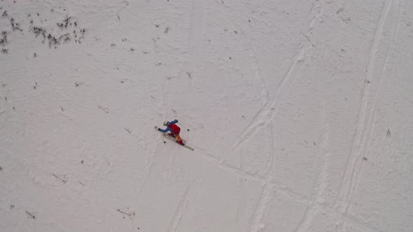 Top View of a Man Skiing Uphill