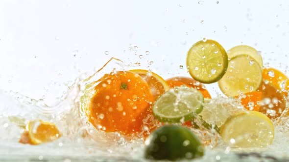 Fresh Citruses Dropped Into Water with Splash Shooted with High Speed Cinema Camera at 1000 Fps alt
