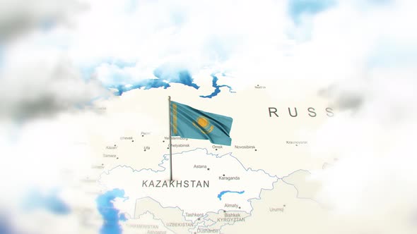 Kazakhstan Map And Flag With Clouds