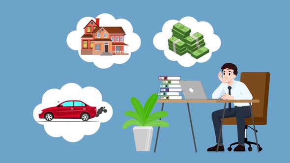 Office Employee thinking about money, house , Luxury Car - Cartoon Animation