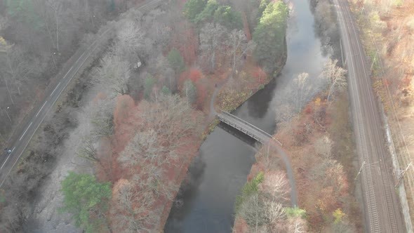 Flying Along Canal Railway Tracks and Road Rural Forest Aerial