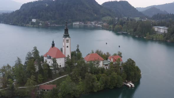 Aerial footage Lake Bled and the Church island