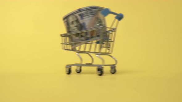Shopping Cart with One Hundred Dollar Banknote on Yellow Background Buying Currency