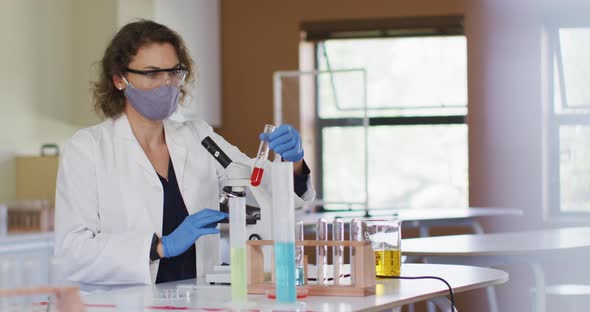 Female teacher wearing face mask holding test tube at laboratory at school alt