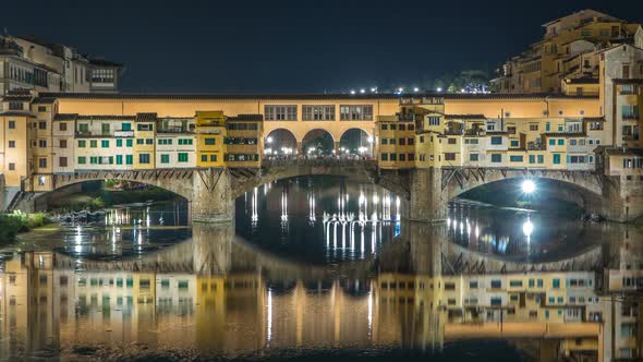 Famous Ponte Vecchio Bridge Timelapse Over the Arno River in Florence, Italy, Lit Up at Night alt