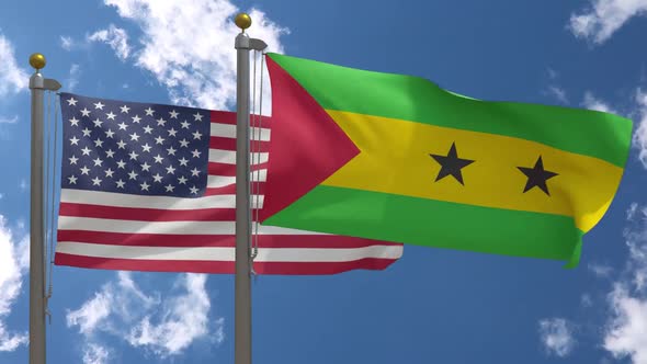 Usa Flag Vs Sao Tome And Principe Flag On Flagpole alt