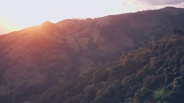 Rainforest scenery at sunrise, Monteverde Cloud Forest, Costa Rica. Aerial drone view alt