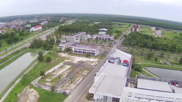 Aerial view of buildings and busy streets