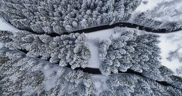 Overhead Aerial Top View Over Car Travelling on Hairpin Bend Turn Road in Mountain Winter Snow