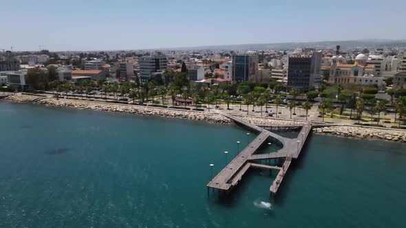 Embankment of Limassol in Cyprus. Modern architecture and old town. Skyscrapers.