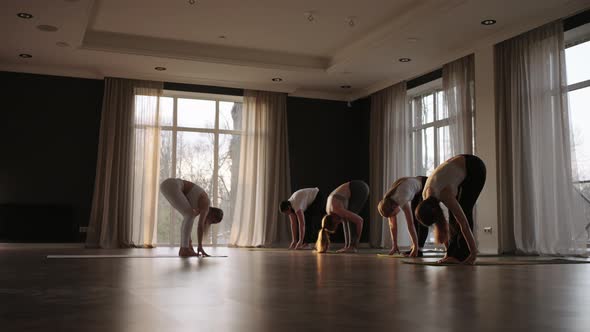 In Slow Motion a Joint Female Pilates Workout with an Instructor Shows Thin and Plump Women in the alt